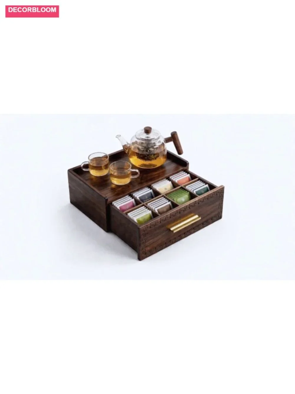 Acacia Wood Tea Bag Organizer with Drawer, 8 Compartments, 2 Coasters